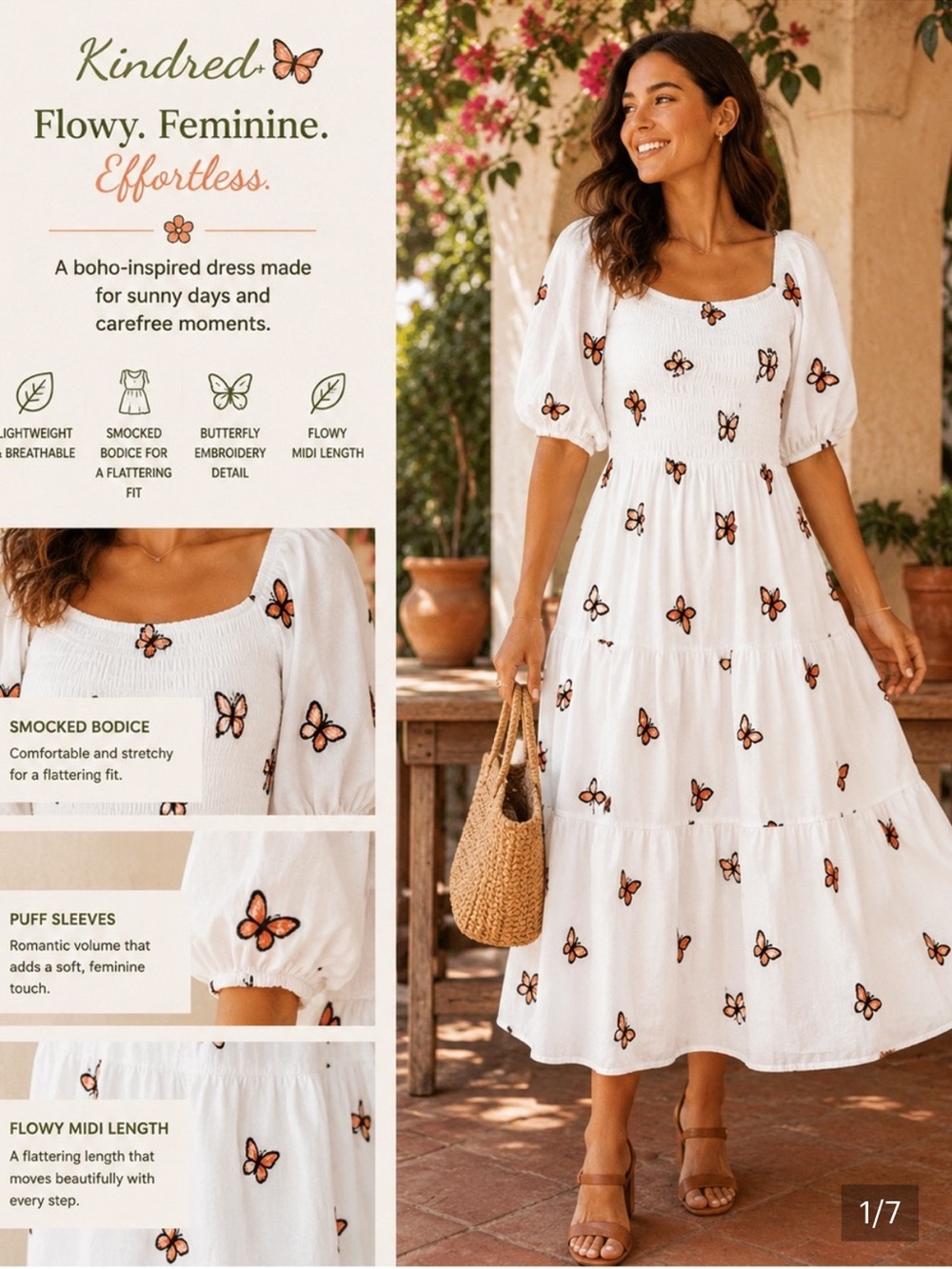 Kindred White Butterfly Embroidered Smocked Tiered Midi Dress Size L NWT whimsy